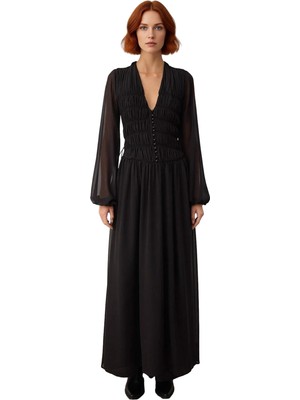 Ersefa Kadın Siyah Uzun Kollu Maxi Elbise V Yaka Büzgülü Dokuma Şifon Astarlı Skater Kalıp Kış Tarzı