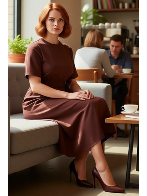 FRM Kadın Günlük Şık A Kesim Midi Boy Düz Desen Bisiklet Yaka Kısa Kol Polyester Elbise Ramadan