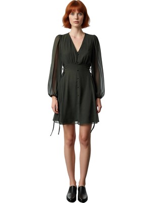 Ersefa Kadın Haki Düz Desen Astarlı Balon Kol V Yaka Mini Elbise Şifon Dokuma Kumaş Kalitesiyle Kaliteli