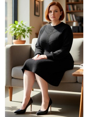 FRM Kadın Uzun Kollu Midi Boy Triko Elbise Selanik Dokuma Örgü Detaylı Oversize Bisiklet Yaka Kış