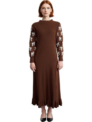 Ersefa Kadın Ramadan Koleksiyonu Uzun Kollu Fırfırlı Bisiklet Yaka Triko Maxi Elbise Rahat Kombinler Için