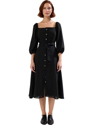 Ersefa Kadın Kare Yaka Full Düğmeli Midi Boy Kuşak Detaylı Dokuma Balon Kol Gömlek Elbise Kaliteli