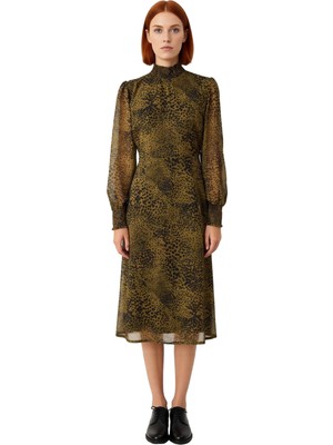 Ersefa Şifon Dokuma Kadın Midi Elbise A Line Kesim Balon Kol Gipeli Tasarım Dik Yaka Animal Deseni