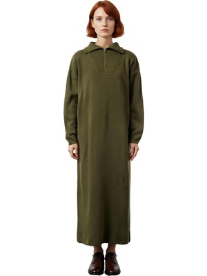 Ersefa Kadın Gri Rahat Kesim Maxi Triko Elbise Fermuar Detaylı Dik Yaka Kışlık Günlük Stil Seçimi