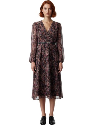 Ersefa Kadın Şifon Kruvaze Yaka Elbise Soyut Desenli Kemer Detaylı Uzun Balon Kol Midi Boy Skater