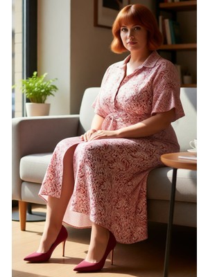 FRM Şık Kadın Maxi Boy A Line Kuşaklı Kısa Melek Kol Gömlek Yaka Soyut Desenli Dokuma Elbise Kaliteli