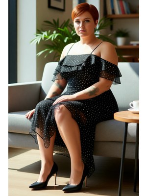 FRM Kadın Modern A Line Puantiyeli Maxi Elbise Kare Yaka Fırfır Omuzlu Askılı Yaz Davetleri Için