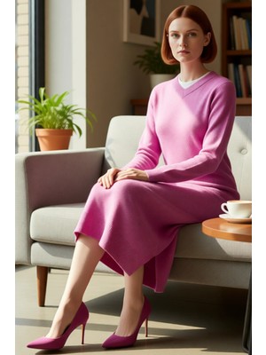 FRM Kadın Casual Düz V Yaka Düşük Kol Triko Elbise Kuşaklı Maxi Boy Kış Şıklığı ve Konforu Kaliteli