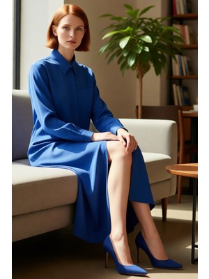 FRM Kadın Casual Uzun Kol Düz Gömlek Yaka Maxi Boy Dokuma Elbise Modern ve Konforlu Tasarım Kaliteli