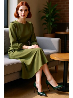 FRM Kadın Casual Düz Desen Bisiklet Yaka Astarsız Dokuma Balon Kol Maxi Elbise Zarif ve Konforlu