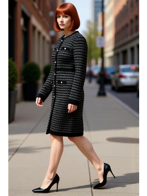 PayBuy Kadın Siyah Ekose Desenli Bodycon Triko Elbise Uzun Kollu Kışlık Günlük Şık Mini Kaliteli