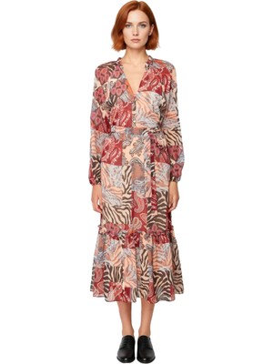 Ersefa Kadın Bohem Şal Desenli Kuşaklı Midi Dokuma Elbise V Yaka Astarlı Uzun Kollu A Kesim Şifon Günlük