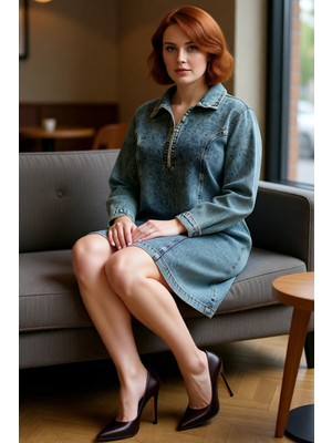 FRM Kadınlar Için Konforlu %100 Pamuk Gömlek Yaka Uzun Kollu Denim Shift Elbise Mini Boy Kaliteli