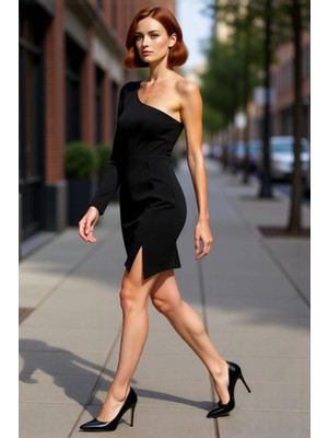 PayBuy Kadınlar Için Bodycon Asimetrik Yaka Tek Uzun Kollu Şık Dokuma Mini Elbise Gece Davetleri