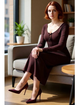 FRM Kadın Maxi Boy Örme Elbise Vücuda Oturan Bodycon Kesim Havuz Yaka Bağlama Detaylı Uzun Kol