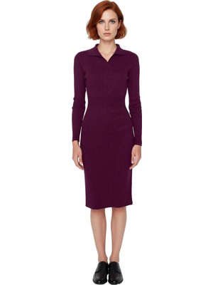 Ersefa Kadın Triko Bodycon Midi Uzun Kol Polo Yaka Düz Elbise Şık ve Modern Kış Giyimi Rahat Kullanım