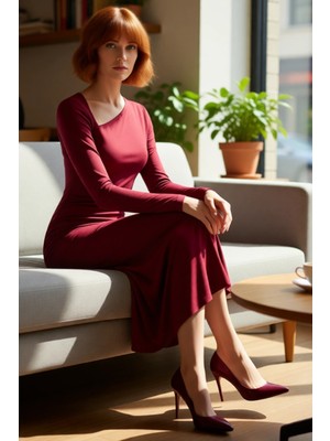 FRM Kadın Zarif Asimetrik Yaka Bodycon Kalıp Uzun Kol Midi Boy Örme Elbise Kışlık Şıklık ve Konfor