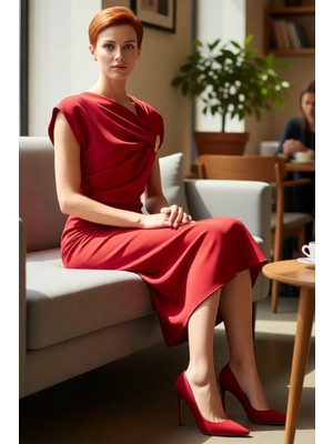 FRM Kadın Şık Düz Desen Midi Elbise Kısa Düşük Kol Degaje Yaka Polyester Dokuma Aksesuar Detaylı