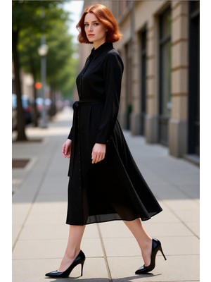 PayBuy Kadınlar Için Siyah Dokuma Kuşak Detaylı Midi Boy Gömlek Elbise Şık ve Rahat Bir Seçim Kaliteli