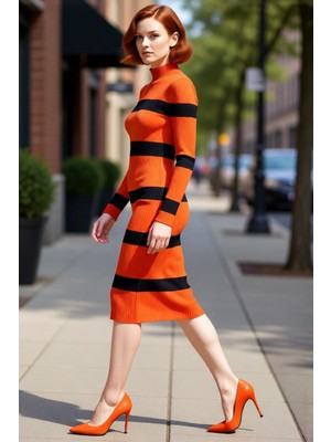 PayBuy Kadın Triko Çizgili Bodycon Midi Elbise Dik Yaka Uzun Standart Kol Akrilik Rahat Şık Tasarım