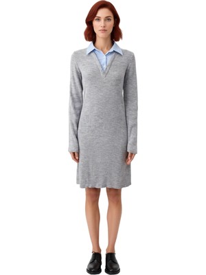 Ersefa Şık Kadın Renk Bloklu Gömlek Yaka Detaylı Uzun Kollu Triko Mini Elbise Kış Kombinleri Için Ideal