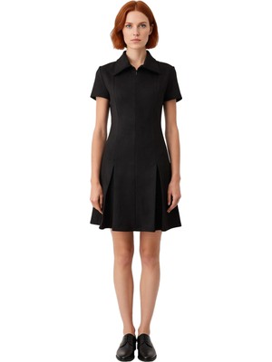 Ersefa Kadın Siyah Düz Kısa Kol Yarım Fermuarlı Örme Süet Dokulu A Line Mini Elbise Günlük Şıklık