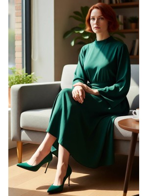 FRM Kadın Polyester Dokuma Maxi Elbise Dik Yaka Kuşaklı Ispanyol Kollu Skater Kesim Günlük Kullanım