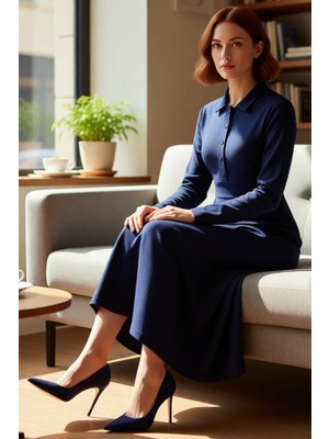 FRM Kadın Maxi Boy Düz Desen Örme Krep Elbise A Line Kesim Polo Yakasıyla Günlük Şıklık Sunar Kaliteli