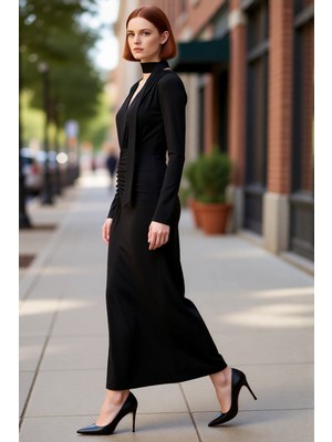 PayBuy Kadın Bodycon Kalıp V Yaka Kuşak Detaylı Maxi Elbise Uzun Kollu Kış Şık Akşam Davetleri Için