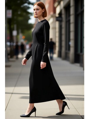 PayBuy Kadın A Line Kesim Maxi Uzun Kol Bisiklet Yaka Örme Elbise Günlük Şıklık ve Konfor Sunar Kaliteli