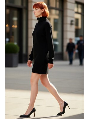 PayBuy Kadın Balıkçı Yaka Shift Kalıp Akrilik Triko Kazak Elbise Uzun Kollu Kışlık Rahat Şık Tasarım