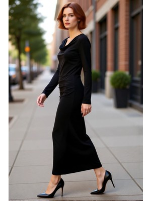 PayBuy Kadın Bodycon Degaje Yaka Büzgülü Maxi Elbise Kalın Sandy Dokuma Uzun Kollu Şık Kış Stili Kaliteli