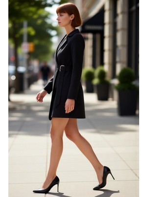 PayBuy Kadınlar Için Aksesuar Detaylı Uzun Kollu Mini Ceket Yaka Finike Dokuma Elbise Şık Iş Ortamlarına