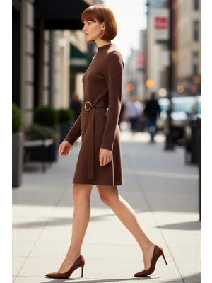 PayBuy Kadın A Line Kesim Dik Yaka Kemer Detaylı Mini Örme Elbise Uzun Kol Selanik Dokuma Kışlık Şıklık