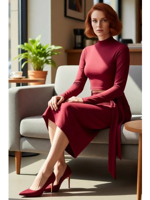 FRM Kadın Düz Bordo Renk Cut Outlı Midi Elbise Bodycon Kalıp Uzun Kol Dik Yaka Örme Kış Sezonu