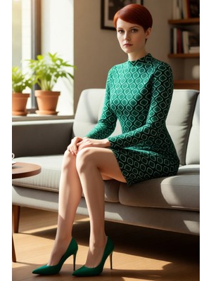 FRM Kadın Smart Business Için Yeşil Geometrik Desenli Dik Yaka Bodycon Örme Mini Elbise Kaliteli