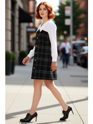 PayBuy Kadın Büyük Beden Siyah Ekose Tüvit Mini Elbise Gömlek Yaka Katmanlı Kış Şıklığı Için Ideal