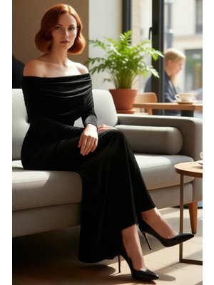 FRM Kadın Carmen Yaka Bodycon Kesim Kahverengi Büzgülü Maxi Elbise Kış Akşamları Için Kaliteli