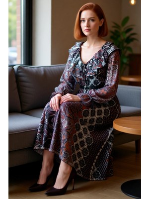 FRM Kadın Kemer Detaylı Şal Desenli Astarlı V Yaka Balon Kol Skater Maxi Elbise Konfor Sağlar.