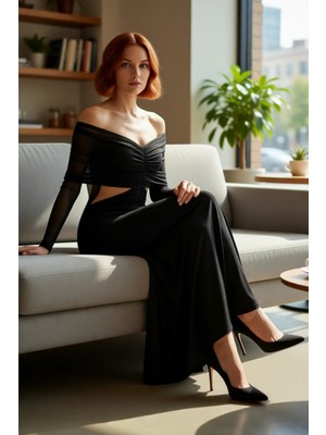 FRM Kadın Siyah Düz Desen Cut Out Detaylı Örme Bodycon Maxi Mezuniyet Balo Elbisesi Kayık Yaka