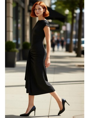 PayBuy Kadın Tek Omuz Drapeli Midi Abiye Elbise Özel Günler Için Kayık Yaka A Line Kokteyl Şıklığı Sunar.