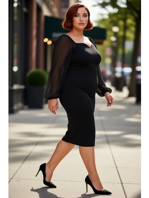 PayBuy Kadın Büyük Beden Bodycon Midi V Yaka Uzun Kol Dokuma Krep Şık Elbise Ilkbahar Sonbahar Özel