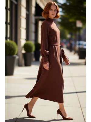 PayBuy Kadın A Kesim Dik Yaka Balon Kol Kuşak Detaylı Dokuma Maxi Elbise Modern Şık Günlük Stile Uygun