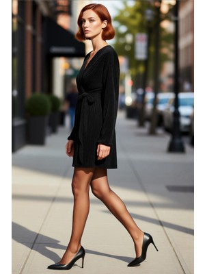 PayBuy Kadın Kruvaze Yaka Pilise Dokulu Bağlama Detaylı Uzun Balon Kol Mini A Kesim Polyester Şık Kokteyl