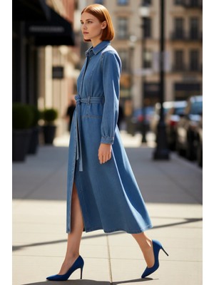 PayBuy Kadınlar Için Mavi A Line Gömlek Yaka Kemer Detaylı %100 Pamuk Maxi Denim Elbise Ilkbahar Sonbahar