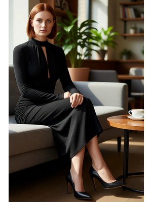 FRM Kadın Zarif Bodycon Kesim Uzun Kollu Dik Yaka Dekolteli Simli Örme Mezuniyet Elbisesi Kış Kaliteli