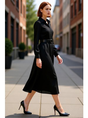 PayBuy Kadın Siyah Viskoz Dokuma Midi Gömlek Elbise Kemerli Düğmeli Detayları ile Şık ve Rahat. Kaliteli