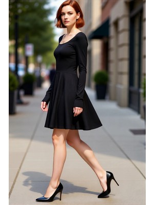 PayBuy Kadın Siyah Kare Yaka Uzun Kollu Skater Mini Elbise Düz Desen Kış Koleksiyonu Şık Gündüz Gece