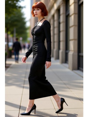 PayBuy Kadın Bodycon Kesim Uzun Kollu Maxi Abiye Elbise Bağlama Detaylı Kare Yaka Ile Şıklık Sunar