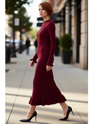 PayBuy Kadın Bej Ribana Triko Maxi Elbise Eteği Fırfırlı Incili Düşük Kol Bisiklet Yaka Tasarımı Kaliteli